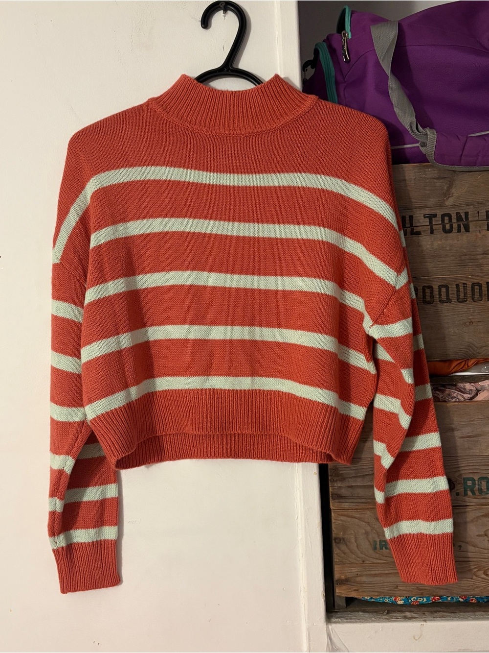 Givingz Striped Cropped Mock Neck Sweater - Coral and Cream Size Small